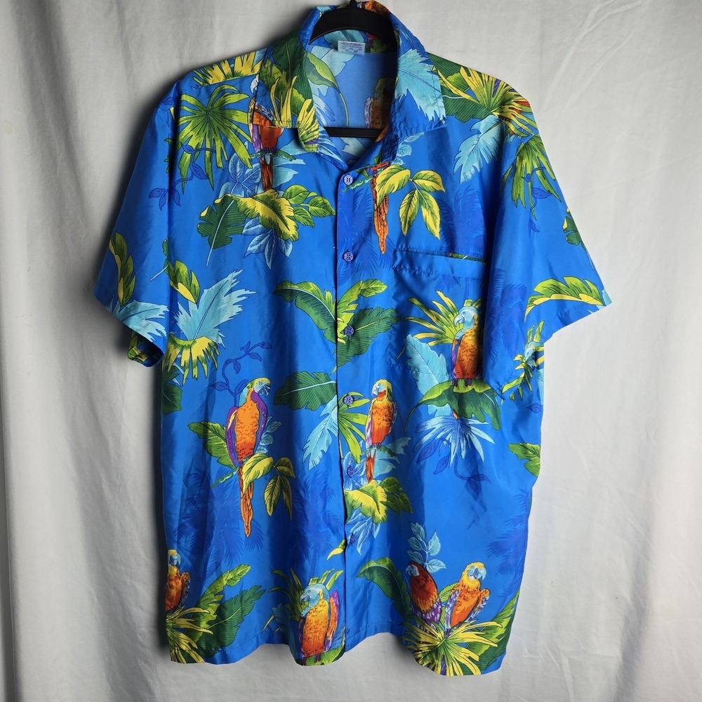 Rima Beach Lg Hawaiian Shirt Blue‎ Parrot Floral Tropical Camp Aloha Terivoile